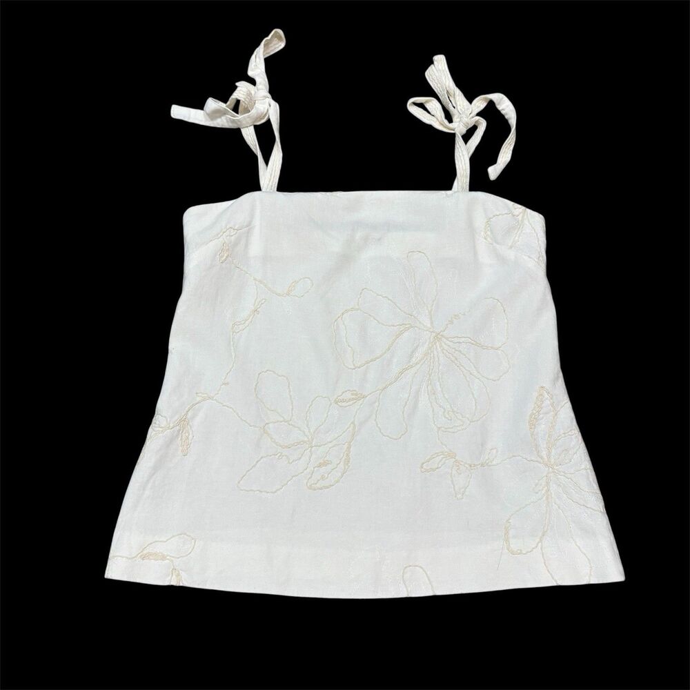 Zara White Linen Blend Embroidered Floral Tank Size XS